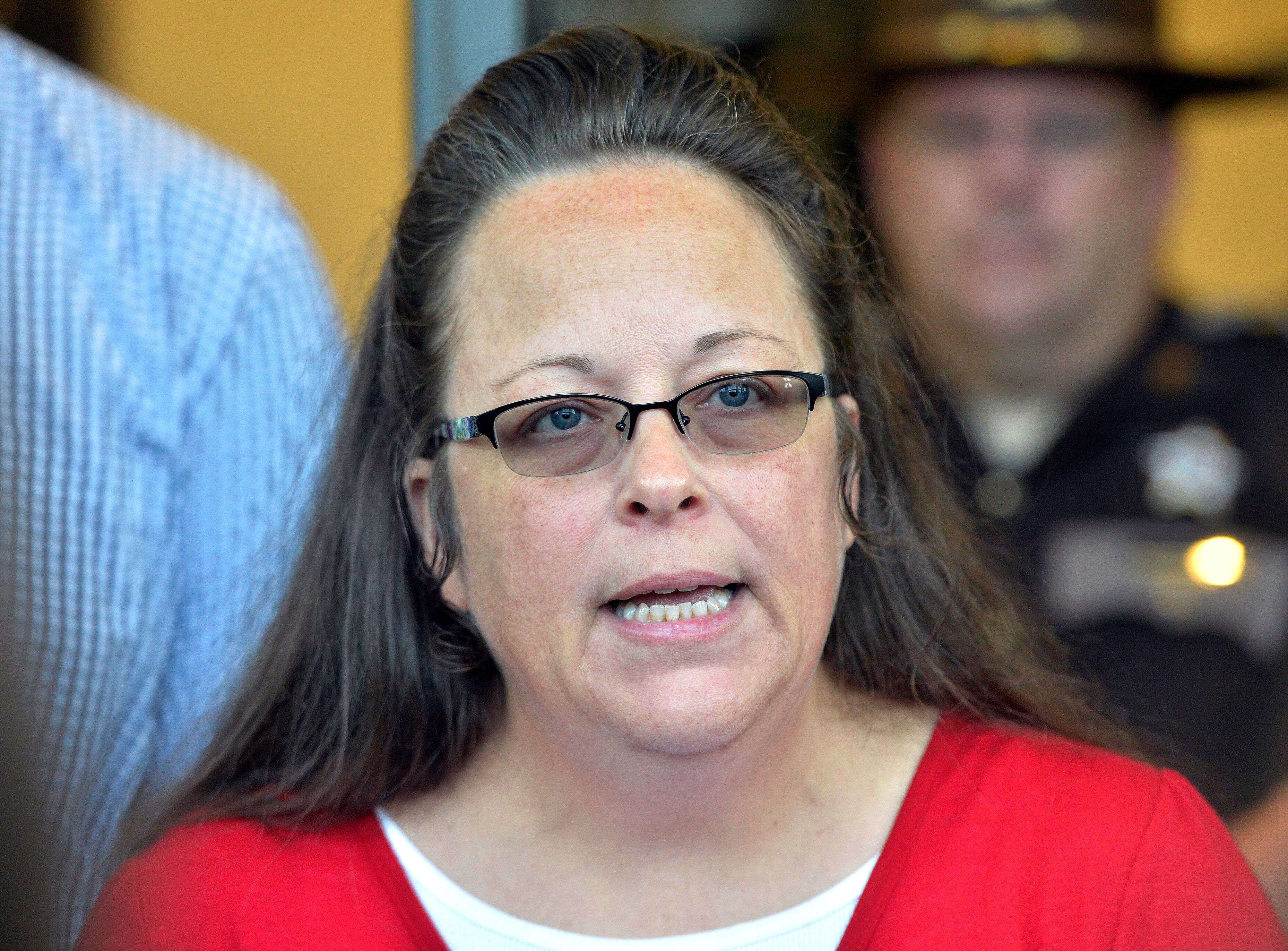 Rowan County Clerk Kim Davis makes a statement to the media at the front door of the Rowan County Judicial Center in Morehead, Ky., in September 2015.